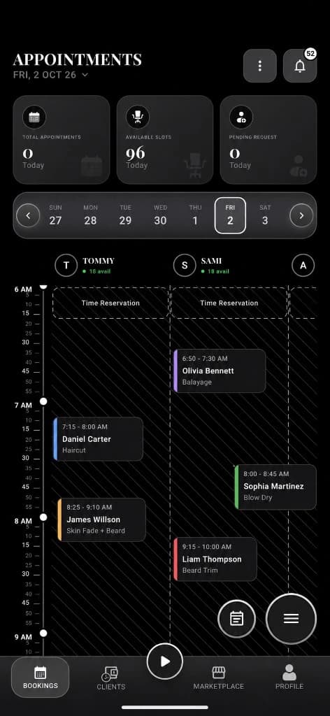 Reserveo business calendar showing a day of appointments across two barbers