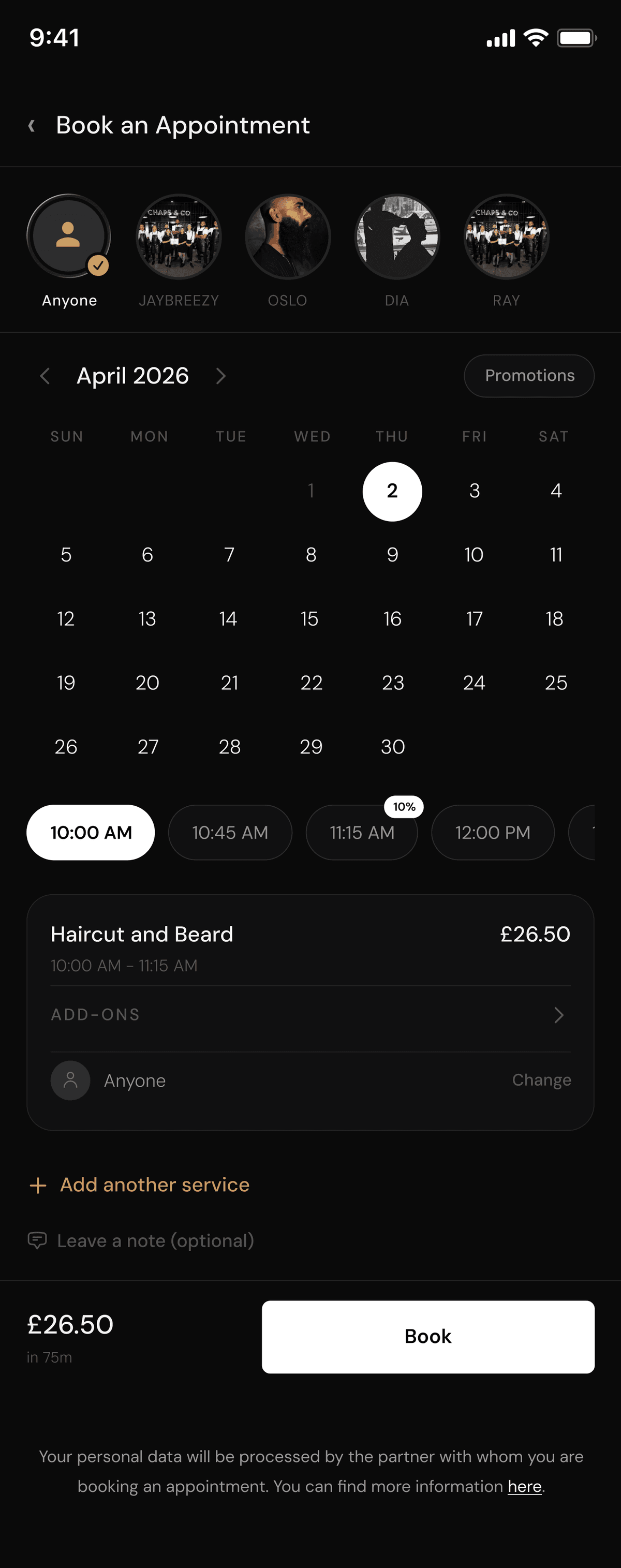 Book an appointment screen