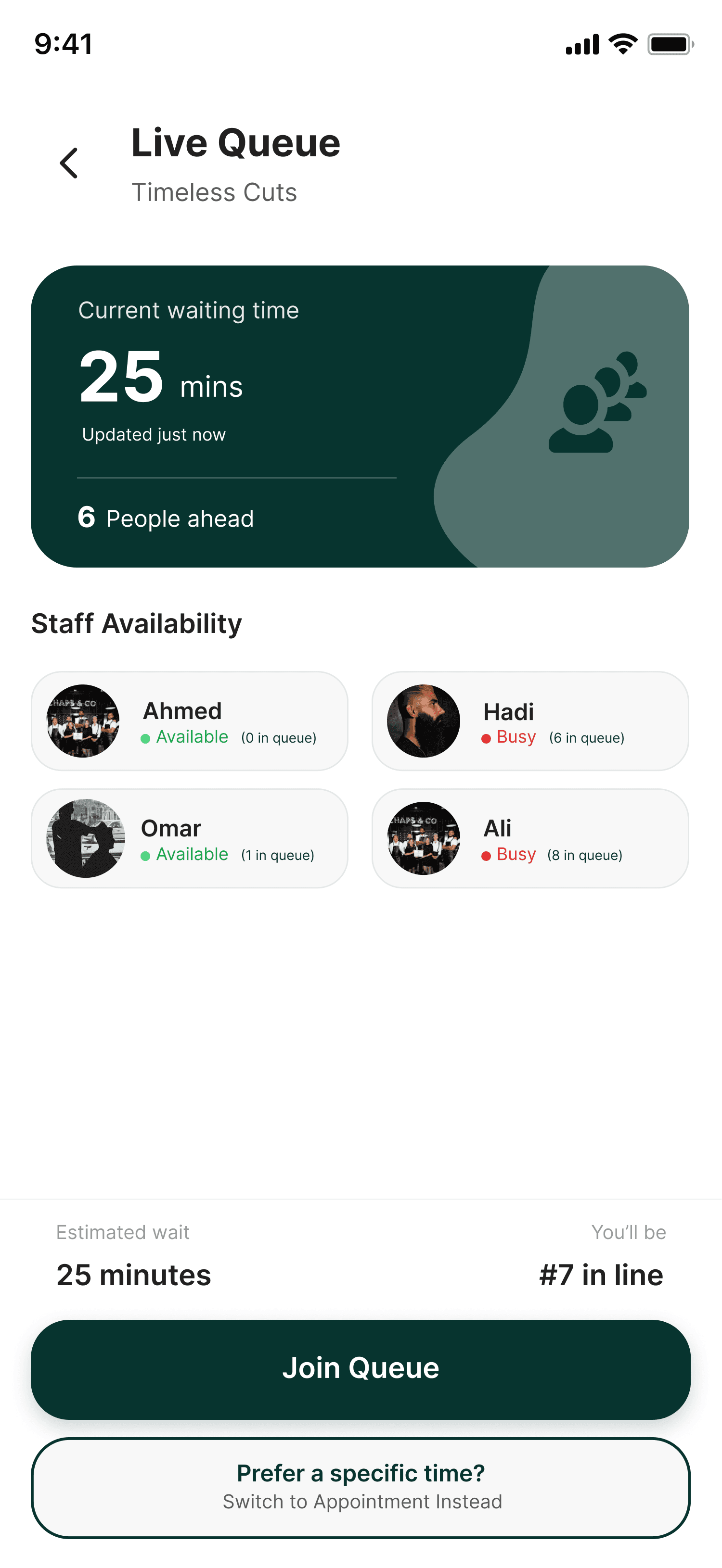 Live walk-in queue